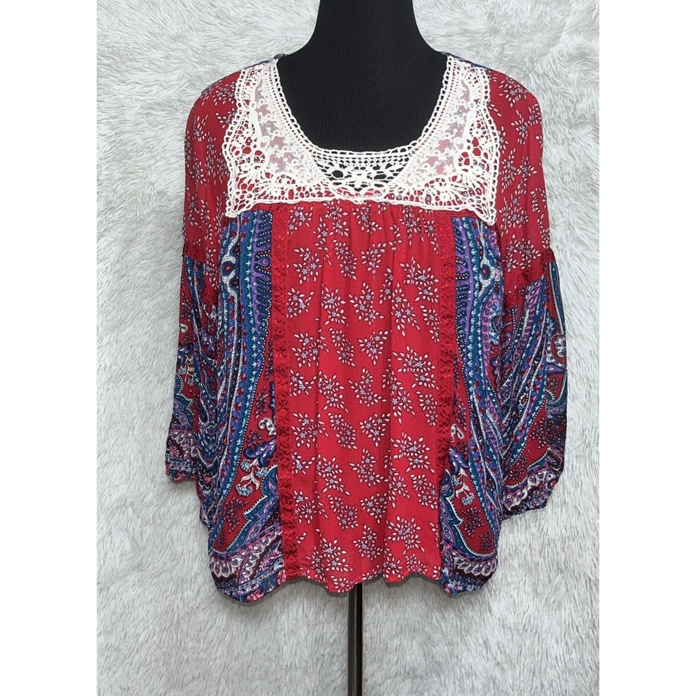 Bila Top Women Size L Multicolor Rayon Floral Long Sleeve‎ Sheer Boho Blouse
